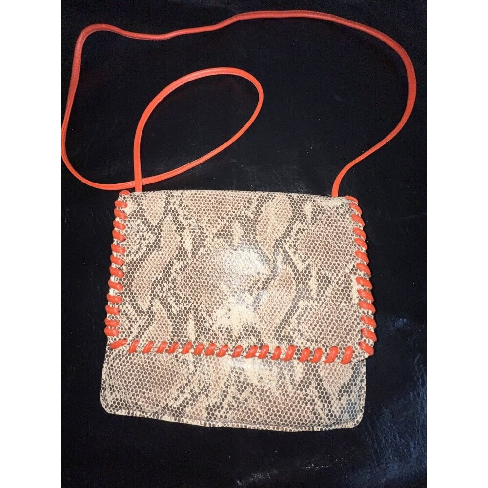 Cache Snake Print Shoulder Bag Purse Faux Tan Leather Orange Trim Stitching Stra
